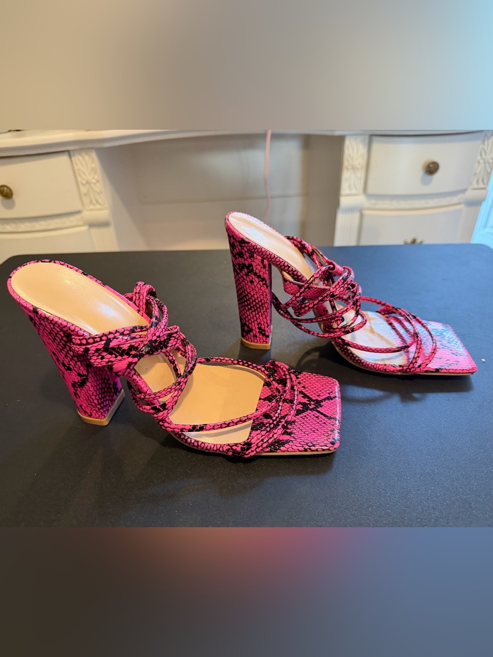Hot Pink Snake-Print Strappy Block Heel Sandals - Women